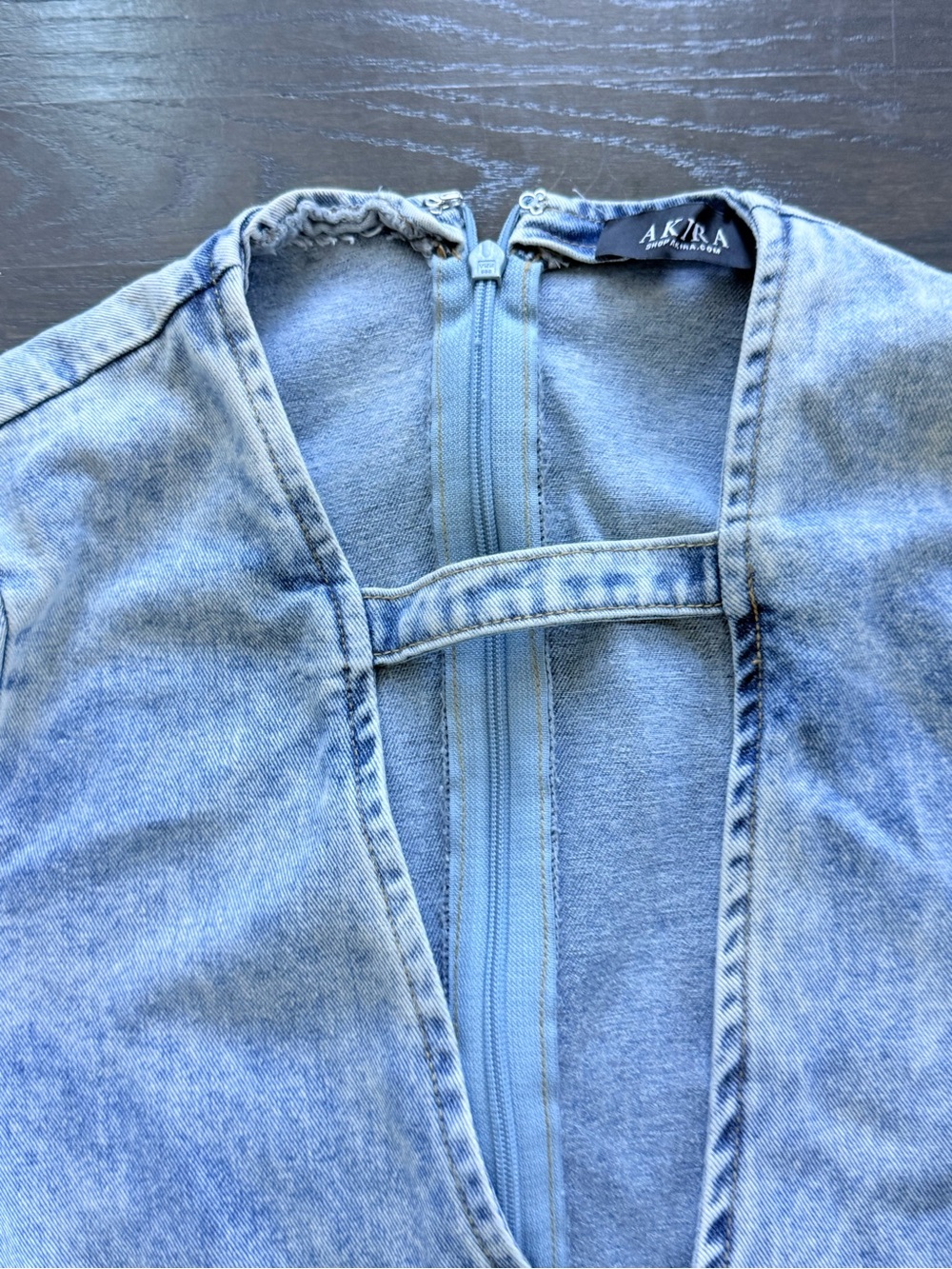 Washed Light Blue Ruffle-Hem Mini Dress with Keyhole Neck - Picture 7 of 8
